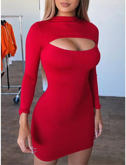 Women‘s Little Black Dress Sexy Dress Party Dress Bodycon Mini Dress Red Rose Long Sleeve Cut Out Fall Winter Autumn Crew Neck Fashion Winter Dress Vacation