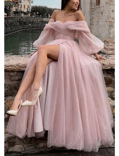 A-Line Prom Dresses Corsets Dress Formal Wedding Party Dress Floor Length Long Sleeve Off Shoulder Tulle with Glitter Ruched Slit