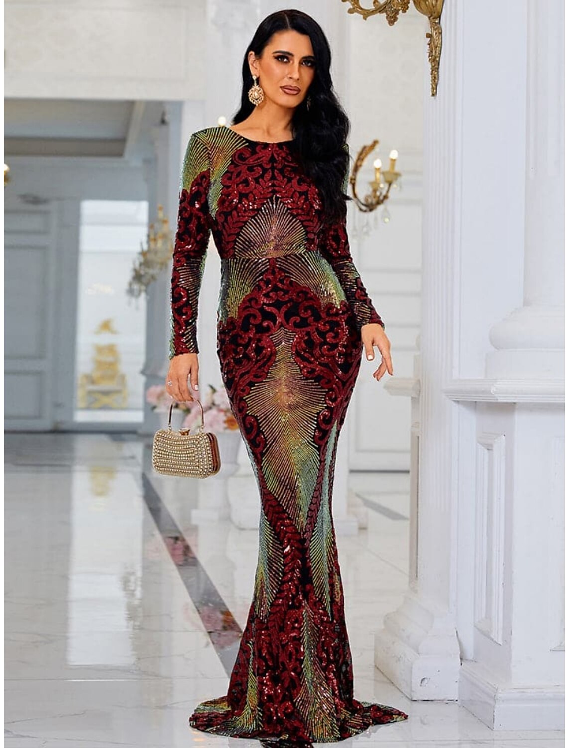 Mermaid / Trumpet Evening Gown Elegant Dress Formal Sweep / Brush Train Long Sleeve Scoop Neck Sequined with Glitter Pleats