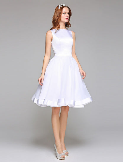 Wedding Dresses A-Line Bateau Neck Regular Straps Knee Length Satin Bridal Gowns With Bowknot Sash / Ribbon