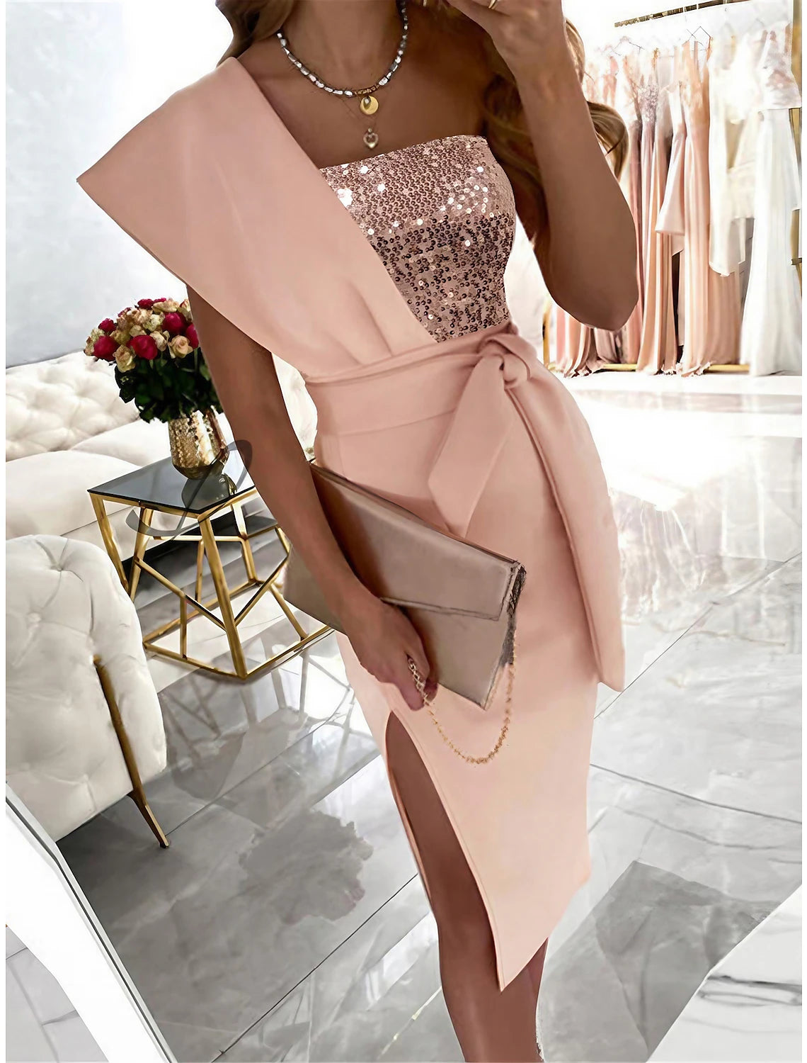 Women's Party Dress Sequin Dress Cocktail Dress Midi Dress Pink Sleeveless Pure Color Lace up Spring Fall Winter One Shoulder Fashion Winter Dress Wedding Guest Vacation