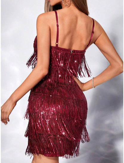 Women's Party Dress Fringe Dress Sheath Dress Mini Dress White Champagne Wine Sleeveless Pure Color Tassel Fringe Fall Winter Autumn Spaghetti Strap Fashion Vacation