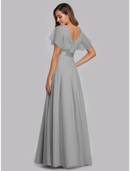 A-Line Empire Wedding Guest Prom Dress V Neck V Back Short Sleeve Floor Length Chiffon with Pleats Ruche