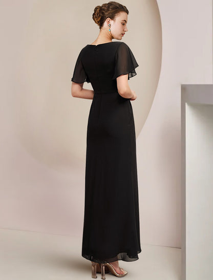 Sheath / Column Mother of the Bride Dress Wedding Guest Elegant Scoop Neck Ankle Length Chiffon Short Sleeve with Crystal Brooch Side-Drape