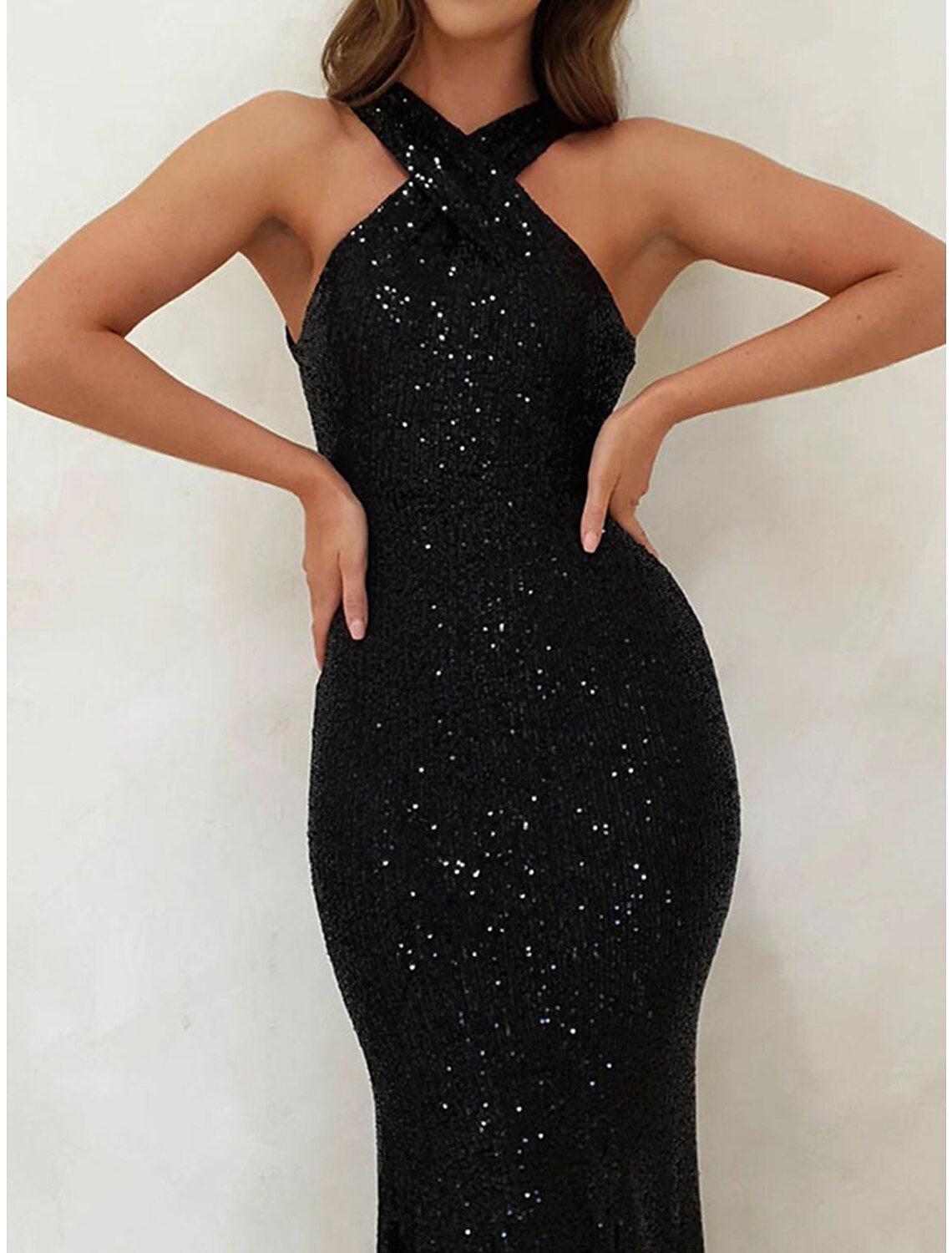 Women's Sequin Dress Prom Dress Party Dress Long Dress Maxi Dress Black Pink Red Sleeveless Plain Sequins Summer Spring Fall Halter Neck Elegant Wedding Guest Birthday Evening Party