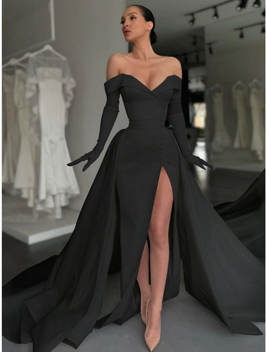 A-Line Evening Gown Elegant Dress Formal Black Dress Plus Size Court Train Long Sleeve Off Shoulder Satin with Buttons Pleats Slit