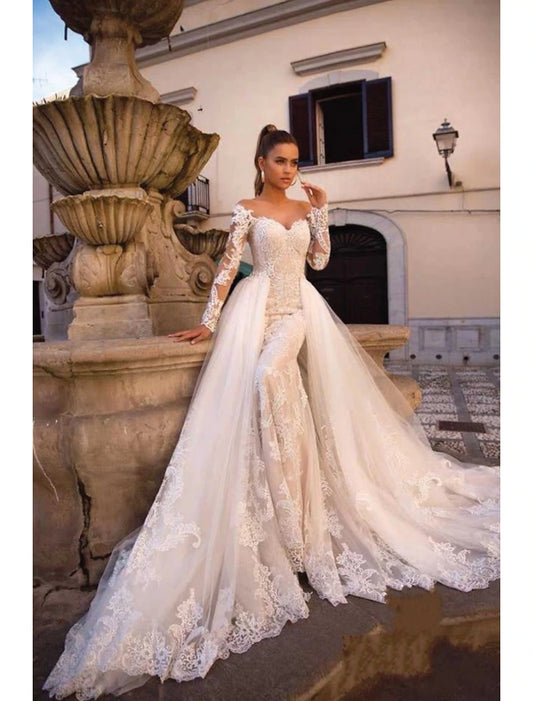 Engagement Formal Wedding Dresses Two Piece Sweetheart Long Sleeve Court Train Lace Bridal Gowns With Applique