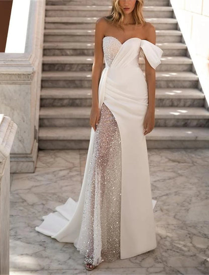 Beach Glitter & Sparkle Wedding Dresses A-Line Sweetheart Sleeveless Sweep / Brush Train Satin Bridal Gowns With Ruched Beading