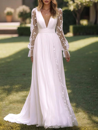 Beach Wedding Dresses A-Line V Neck Long Sleeve Floor Length Chiffon Bridal Gowns With Solid Color