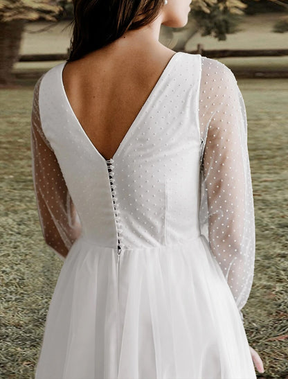 Hall Casual Boho Wedding Dresses A-Line V Neck Long Sleeve Floor Length Lace Bridal Gowns With Solid Color