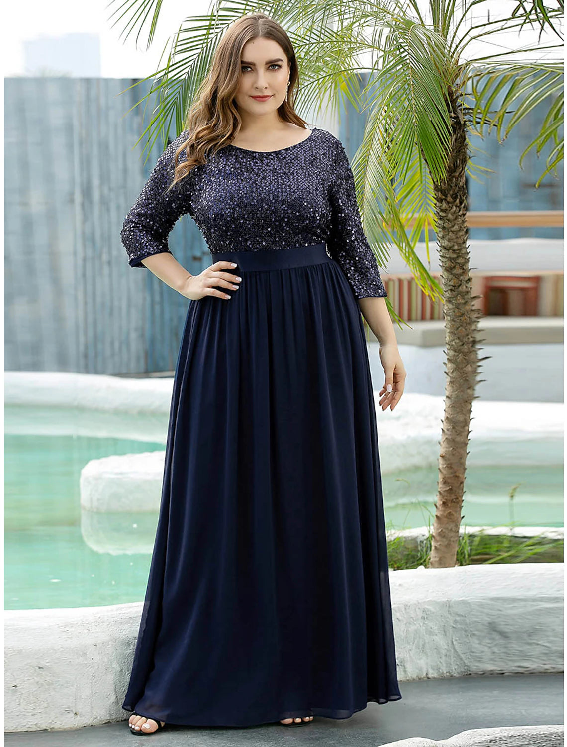 A-Line Mother of the Bride Dress Wedding Guest Plus Size Elegant Jewel Neck Floor Length Tulle Sequined 3/4 Length Sleeve with Sequin Fall