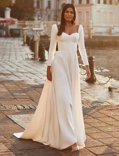 Reception Royal Style Casual Wedding Dresses A-Line Sweetheart Long Sleeve Sweep / Brush Train Satin Bridal Gowns With Solid Color