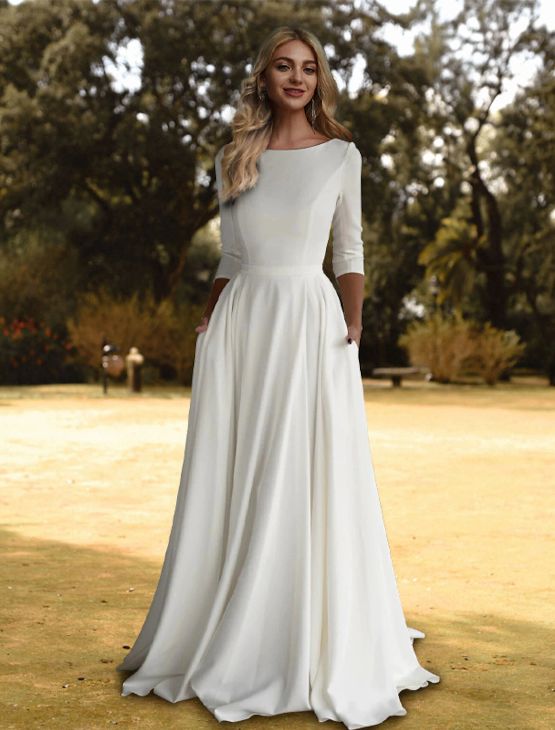 Hall Casual Fall Wedding Dresses A-Line Scoop Neck 3/4 Length Sleeve Sweep / Brush Train Stretch Fabric Bridal Gowns With Pleats Solid Color Summer Wedding Party, Women's Clothing