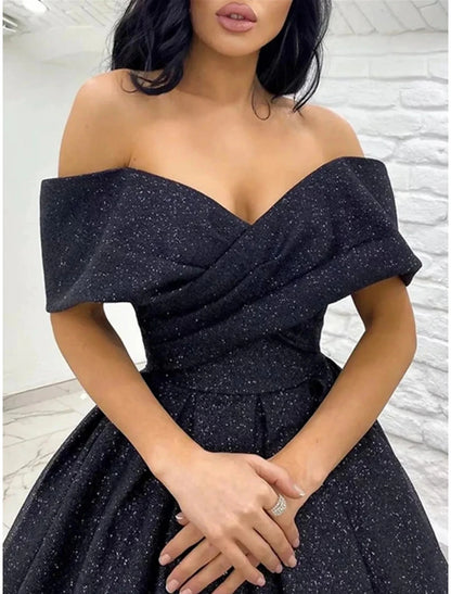 A-Line Prom Dresses Elegant Dress Black Tie Gala Sweep / Brush Train Short Sleeve Off Shoulder Sequined with Glitter Pleats