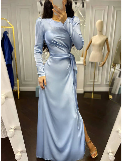 Sheath Party Dress Evening Gown Elegant Dress Wedding Guest Fall Floor Length Long Sleeve High Neck Bridesmaid Dress Satin with Ruched 2023