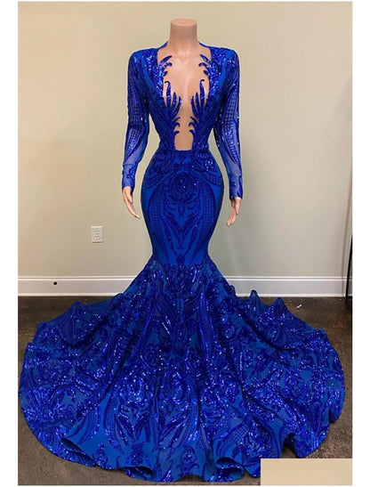 Mermaid / Trumpet Evening Gown Sparkle & Shine Dress Carnival Formal Court Train Long Sleeve V Neck African American Sequined with Beading Sequin