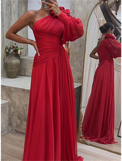 Women's Prom Dress Party Dress Wedding Guest Dress Long Dress Maxi Dress Red Long Sleeve Pure Color Ruched Spring Fall Winter One Shoulder Red Valentines Dress Valentine's Day Wedding Guest Evening