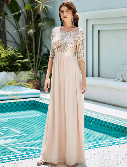 A-Line Mother of the Bride Dress Wedding Guest Plus Size Elegant Jewel Neck Floor Length Tulle Sequined 3/4 Length Sleeve with Sequin Fall