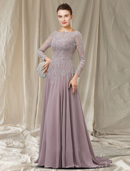 A-Line Mother of the Bride Dress Elegant Jewel Neck Sweep / Brush Train Chiffon Lace Long Sleeve with Pleats Appliques