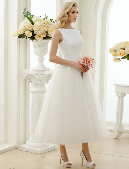 Reception Sparkle & Shine Little White Dresses Wedding Dresses A-Line Scoop Neck Sleeveless Tea Length Tulle Bridal Gowns With Lace Sequin