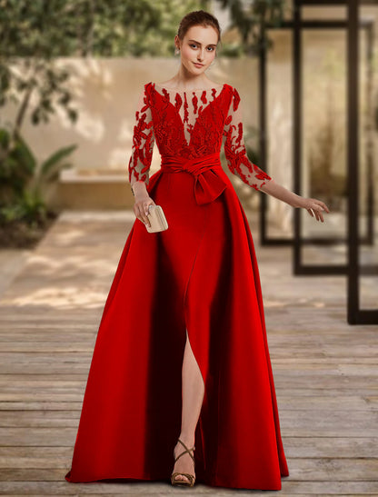 A-Line Evening Gown Open Back Dress Formal Wedding Guest Floor Length 3/4 Length Sleeve Scoop Neck Lace with Slit Strappy