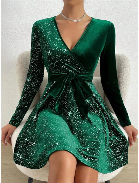 Women's Velvet Dress Party Dress Cocktail Dress Mini Dress Black Blue Green Long Sleeve Pure Color Lace up Spring Fall Winter V Neck Fashion Winter Dress Christmas Wedding Guest