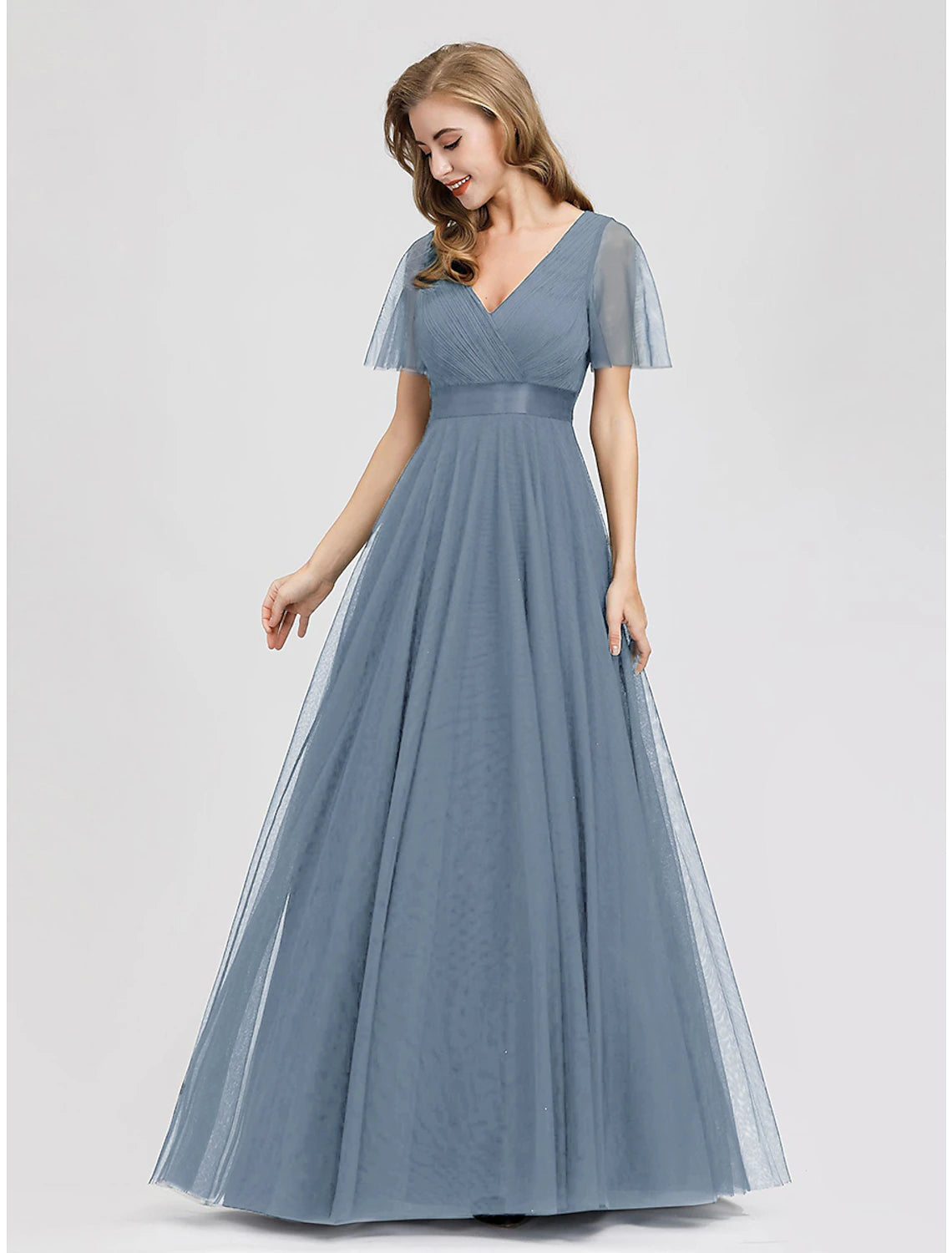 A-Line Empire Wedding Guest Prom Dress V Neck V Back Short Sleeve Floor Length Chiffon with Pleats Ruche