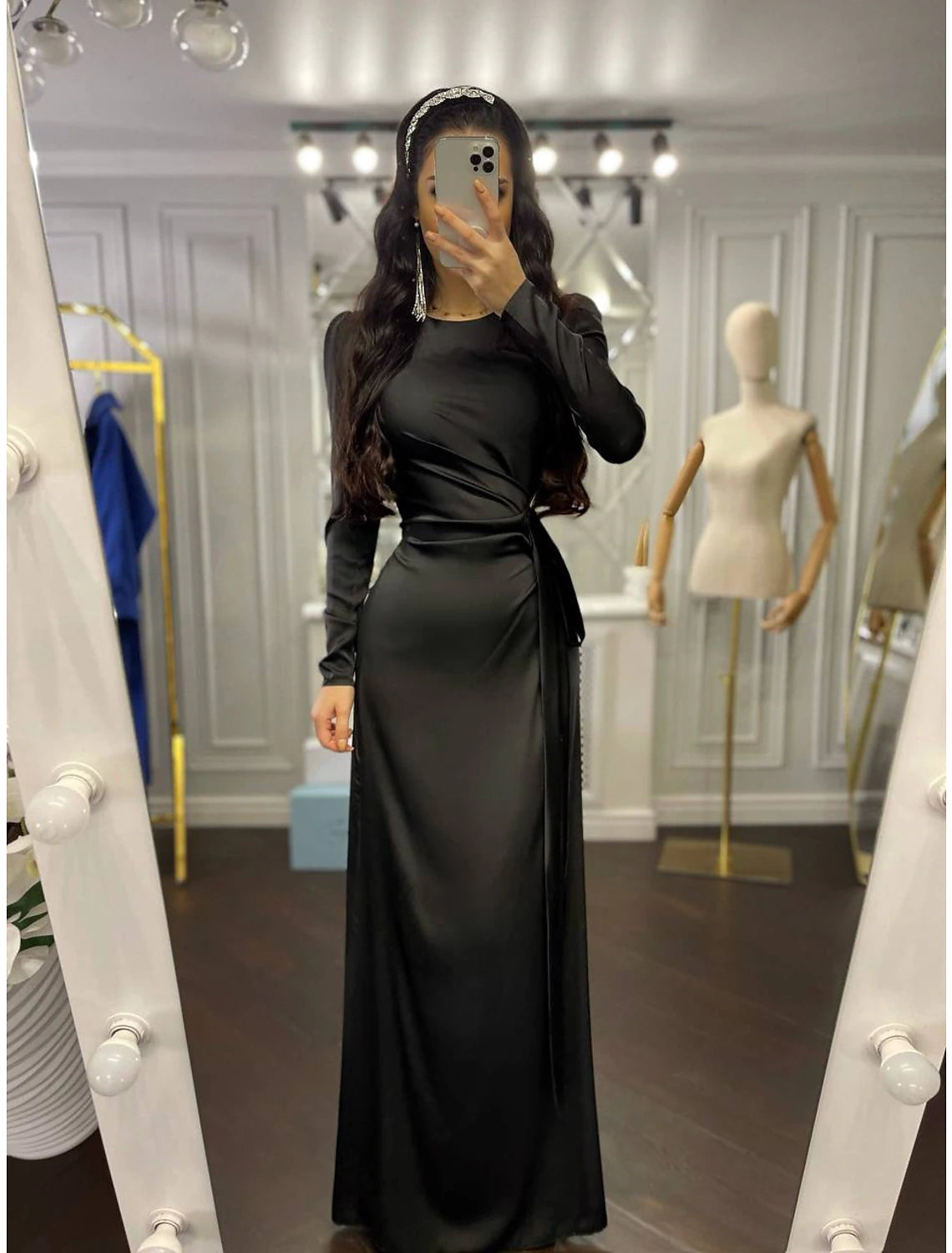 Sheath Party Dress Evening Gown Elegant Dress Wedding Guest Fall Floor Length Long Sleeve High Neck Bridesmaid Dress Satin with Ruched 2023