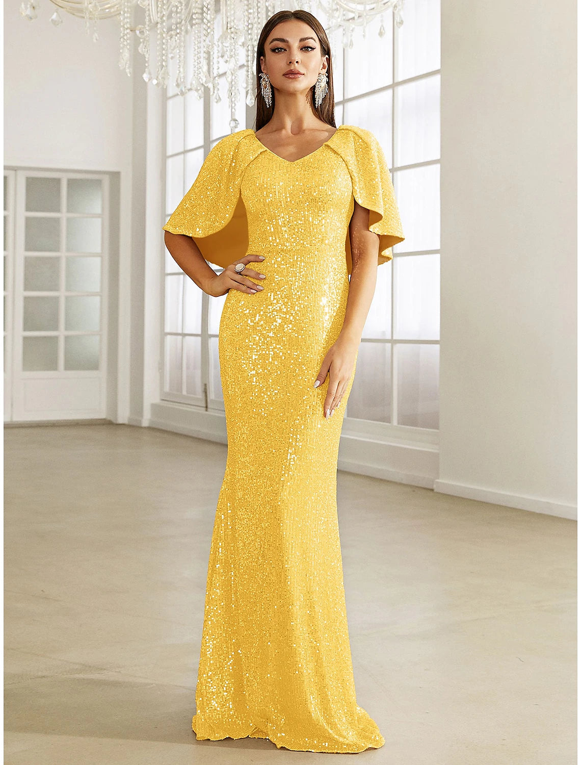 Mermaid / Trumpet Evening Gown Elegant Dress Formal Fall Sweep / Brush Train Half Sleeve V Neck Sequined with Glitter