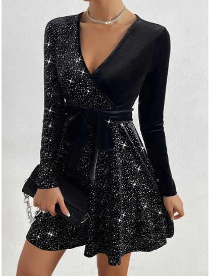 Women's Velvet Dress Party Dress Cocktail Dress Mini Dress Black Blue Green Long Sleeve Pure Color Lace up Spring Fall Winter V Neck Fashion Winter Dress Christmas Wedding Guest