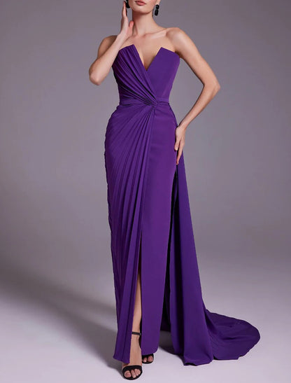 Sheath / Column Evening Gown Elegant Dress Formal Wedding Tea Length Sleeveless V Neck Chiffon with Ruched Slit