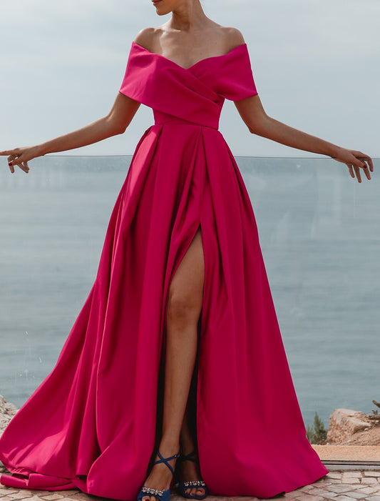 A-Line Evening Gown Elegant Dress Formal Wedding Court Train Sleeveless Off Shoulder Bridesmaid Dress Satin with Ruched Slit