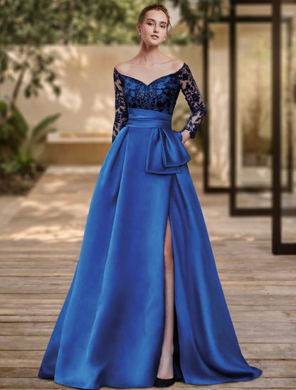 Sheath / Column Evening Gown High Split Dress Formal Wedding Guest Sweep / Brush Train 3/4 Length Sleeve Off Shoulder Charmeuse with Bow(s) Sequin Sl