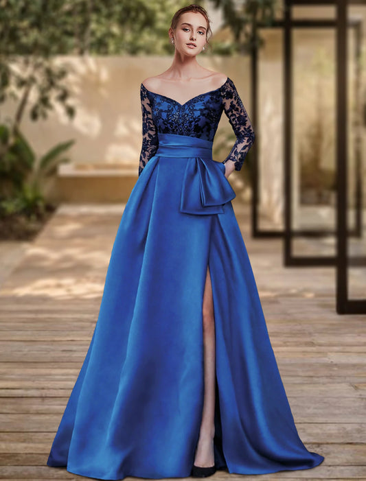 Sheath / Column Evening Gown High Split Dress Formal Wedding Guest Sweep / Brush Train 3/4 Length Sleeve Off Shoulder Charmeuse with Bow(s) Sequin Sl