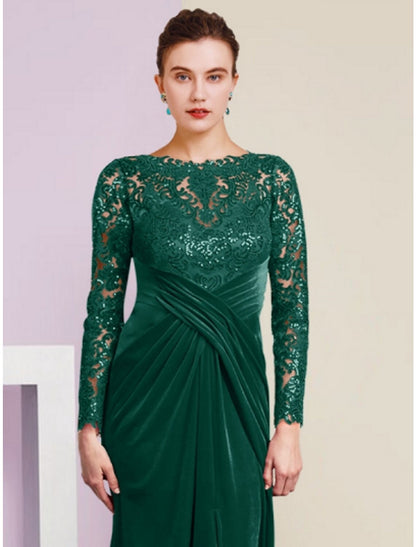 A-Line Mother of the Bride Dress Wedding Guest Party Elegant Scoop Neck Floor Length Velvet Long Sleeve with Lace Sequin Split Front