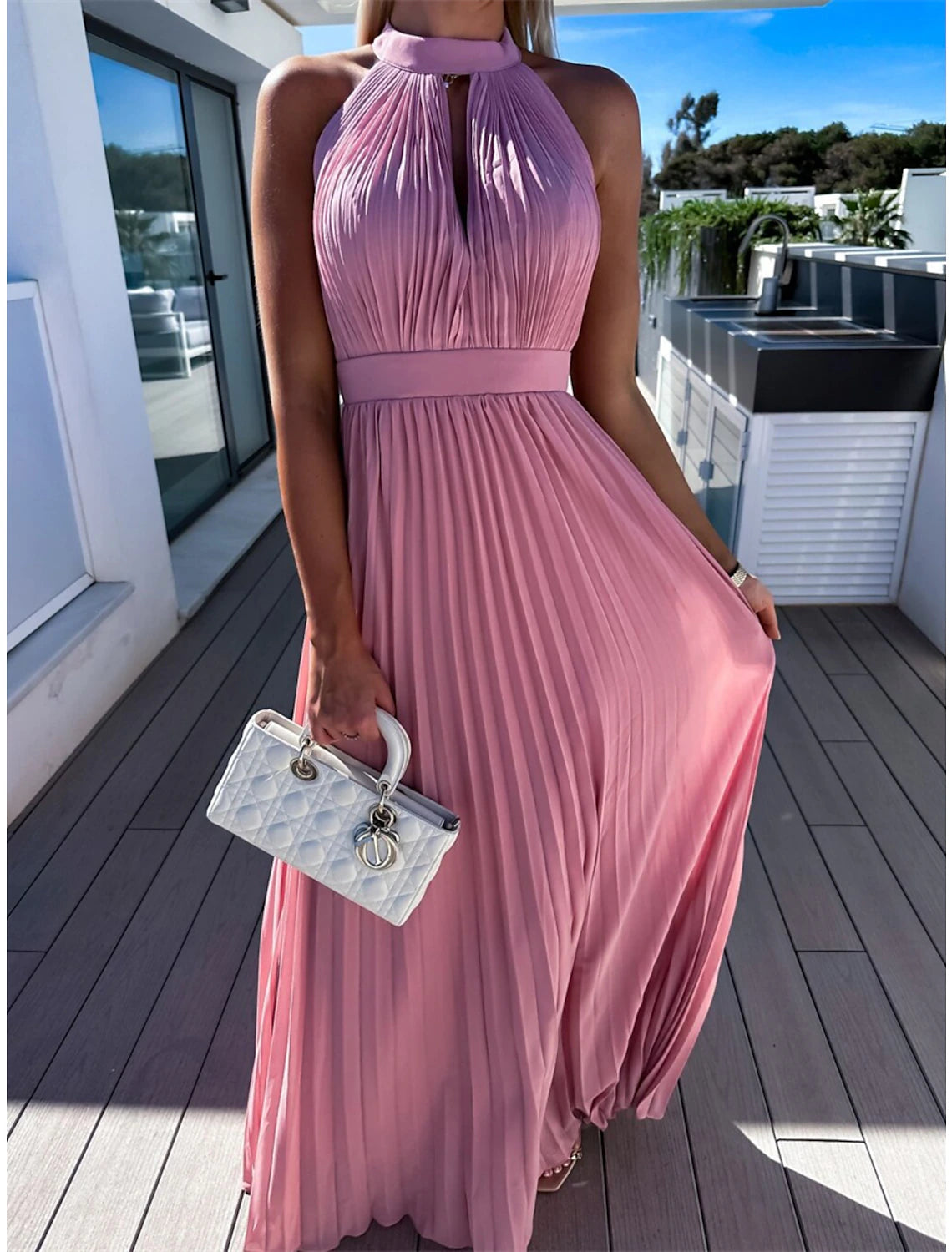 Women's Long Dress Maxi Dress Party Dress Casual Dress Summer Dress Pure Color Streetwear Casual Outdoor Holiday Going out Ruched Pleated Sleeveless Halter Neck Dress Slim Pink Blue Summer Spring S M