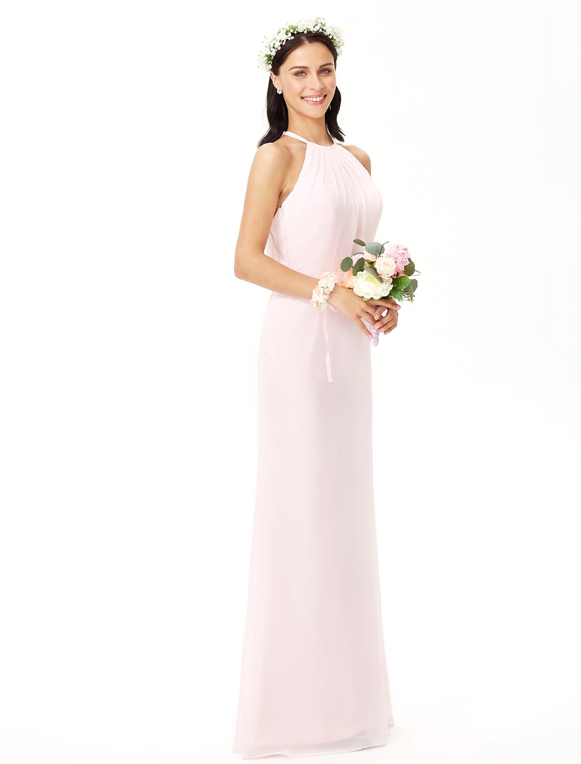 Sheath / Column Bridesmaid Dress Jewel Neck Sleeveless Elegant Floor Length Chiffon with Pleats