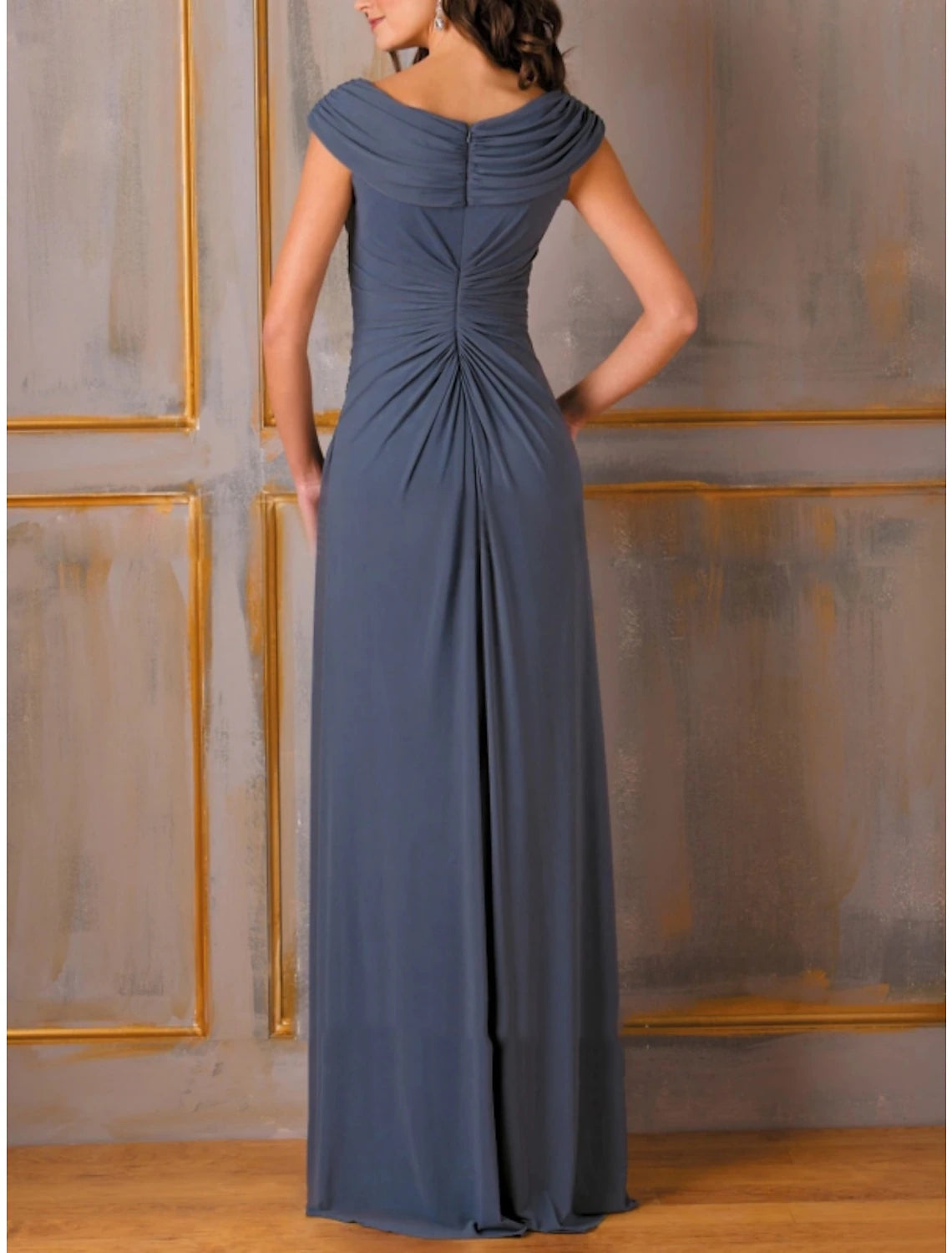 A-Line Evening Gown Party Dress Elegant Dress Formal Fall Floor Length Short Sleeve Scoop Neck Chiffon with Pleats Ruched Appliques 2023