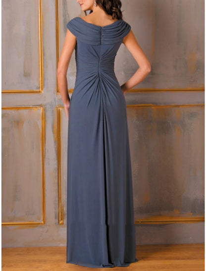 A-Line Evening Gown Party Dress Elegant Dress Formal Fall Floor Length Short Sleeve Scoop Neck Chiffon with Pleats Ruched Appliques 2023