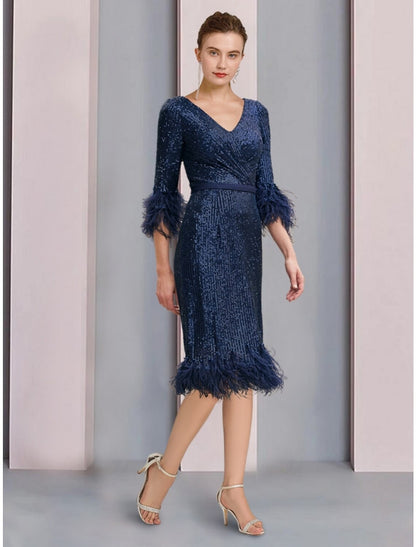 A-Line Mother of the Bride Dress Wedding Guest Sparkle & Shine Petite V Neck Knee Length Sequined Half Sleeve with Feather Ruching Solid Color