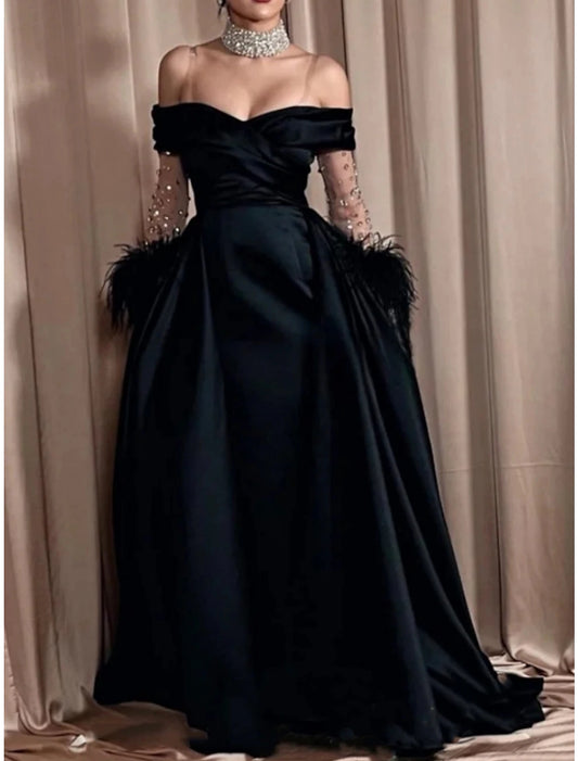 A-Line Evening Gown Elegant Dress Formal Black Dress Carival Sweep / Brush Train Long Sleeve Off Shoulder Satin with Rhinestone Feather Pleats 2023