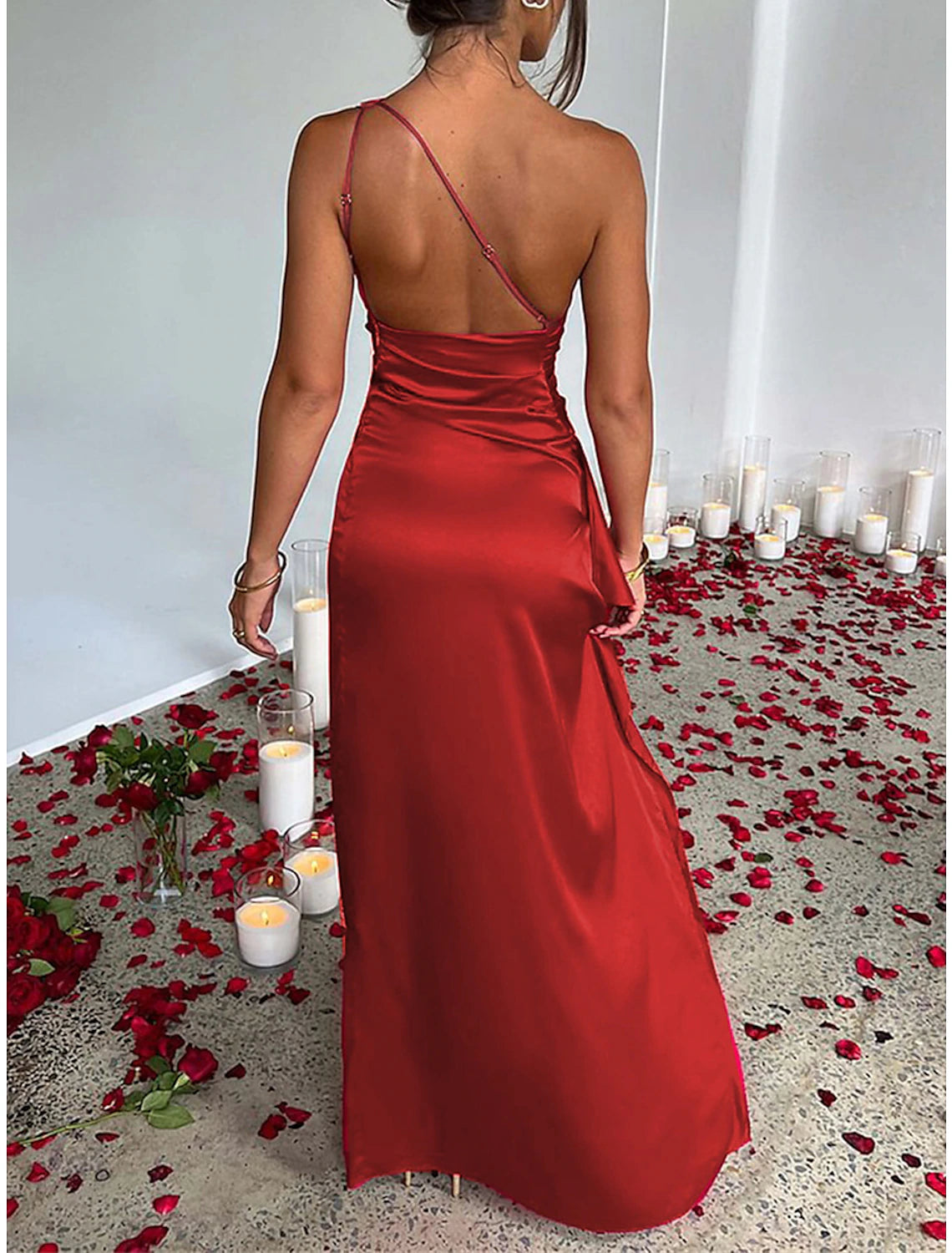 Women's Christmas Prom Dress Party Dress New Year's Eve Dress Wedding Guest Dress Long Dress Maxi Dress Champagne Red Green Sleeveless Ruched Summer Spring Fall One Shoulder