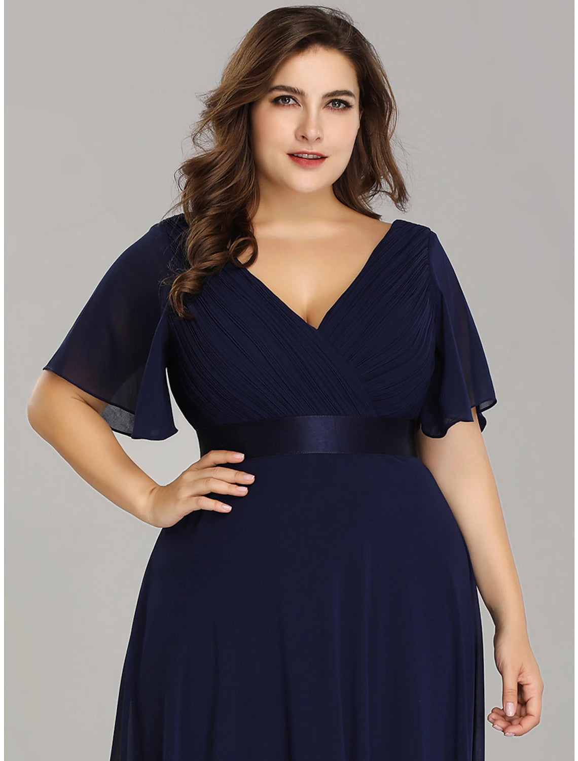 A-Line Mother of the Bride Dress Plus Size Elegant V Neck Floor Length Chiffon Short Sleeve with Sash / Ribbon Ruching