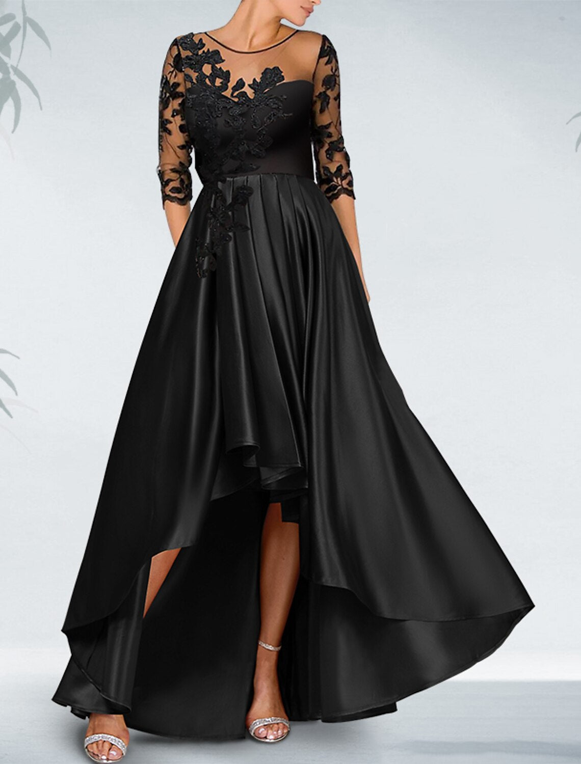 Sheath / Column Cocktail Black Dress Plus Size Luxurious Dress Formal Wedding Guest Asymmetrical 3/4 Length Sleeve Off Shoulder Pocket Satin with Beading Appliques 2023