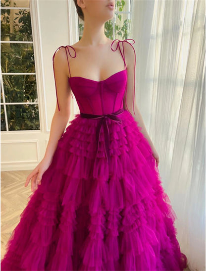 Ball Gown Evening Gown Puffy Dress Wedding Party Birthday Floor Length Sleeveless Spaghetti Strap Tulle with Ruffles Strappy