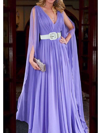 A-Line Wedding Guest Dresses Maxi Dress Wedding Party Dress Black Tie Floor Length Long Sleeve V Neck Fall Wedding Guest Chiffon with Belt 2023