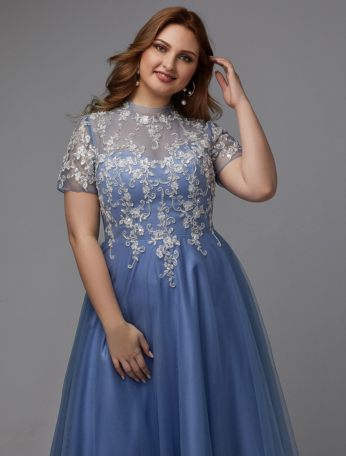 A-Line Plus Size Dress Wedding Guest Prom Floor Length Short Sleeve High Neck Lace Lace-up with Appliques