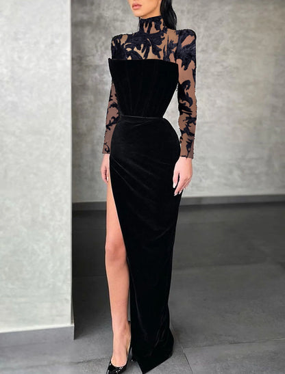 Sheath / Column Evening Gown Elegant Dress Formal Floor Length Long Sleeve High Neck Lace with Slit