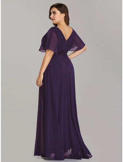 A-Line Mother of the Bride Dress Plus Size Elegant V Neck Floor Length Chiffon Short Sleeve with Sash / Ribbon Ruching