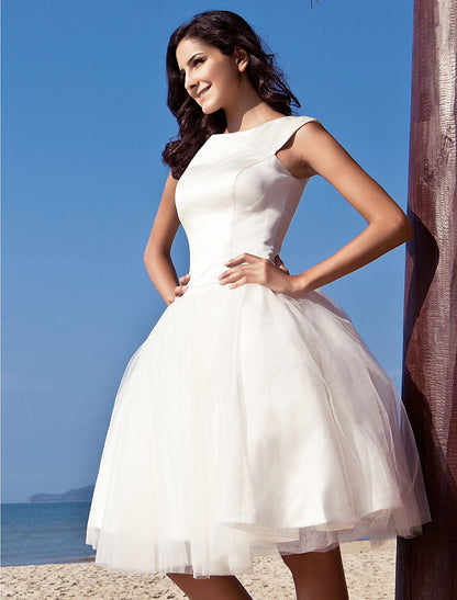 Beach Little White Dresses Wedding Dresses A-Line Scoop Neck Cap Sleeve Knee Length Satin Bridal Gowns With Draping